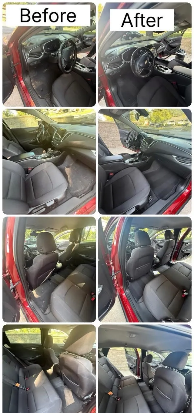 Chevrolet Malibu interior shown before and after a full interior detail, with carpets, seats and centre console cleaned.