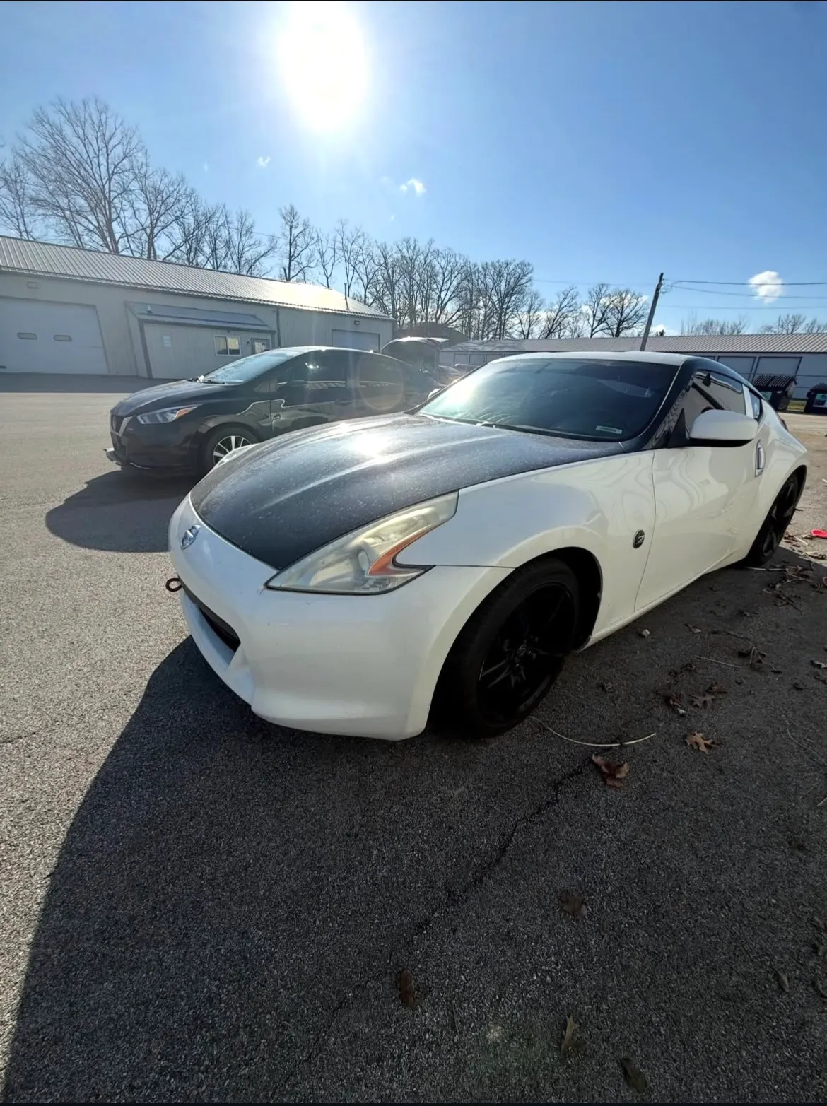 A white Nissan 370Z with a black hood photographed in low sun after detailing, paint reflecting the sky.
