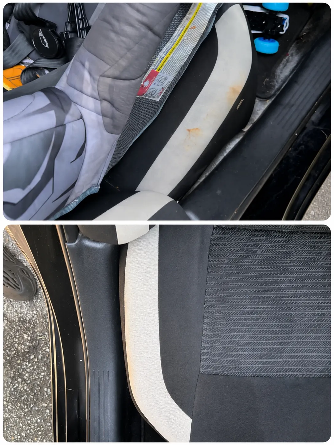 Front seat and door sill shown before and after cleaning, with staining lifted from the upholstery and the sill wiped down.